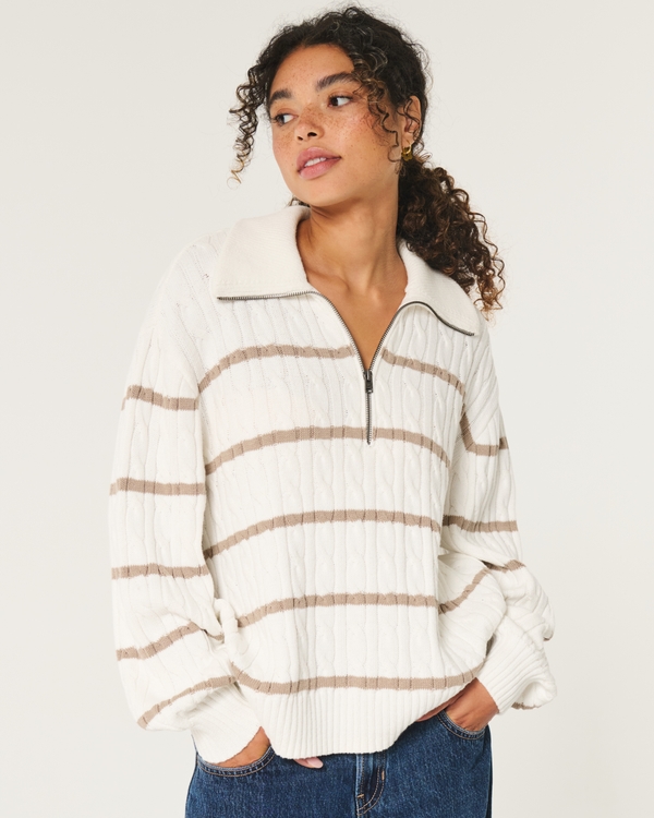 Oversized Cable-Knit Half-Zip Sweater, White Stripe