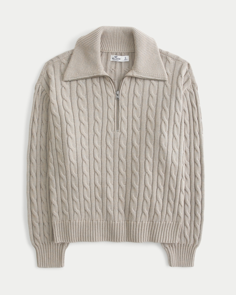 Women s Oversized Cable Knit Half Zip Sweater in Light Brown Stripe Size XXS from Hollister