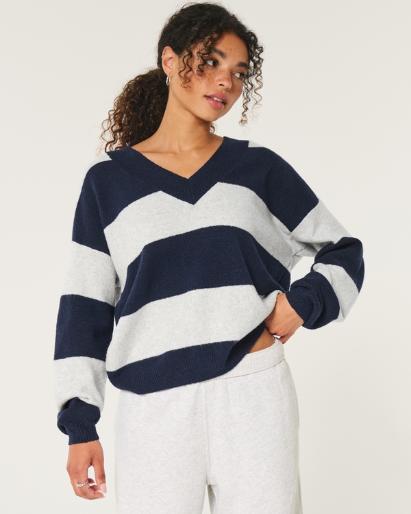 Hollister Comfy Cloud Oversized V-Neck Sweater, Navy Blue And Heather Gray Stripe