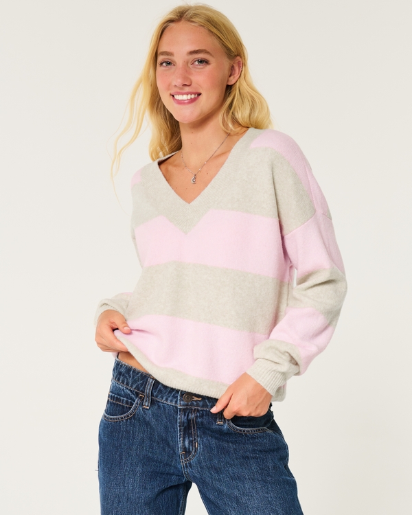 Hollister Comfy Cloud Oversized V-Neck Sweater, Light Pink And Oatmeal Stripe