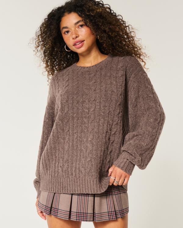 Hollister Comfy Cloud Cable-Knit Crew Sweater, Chocolate