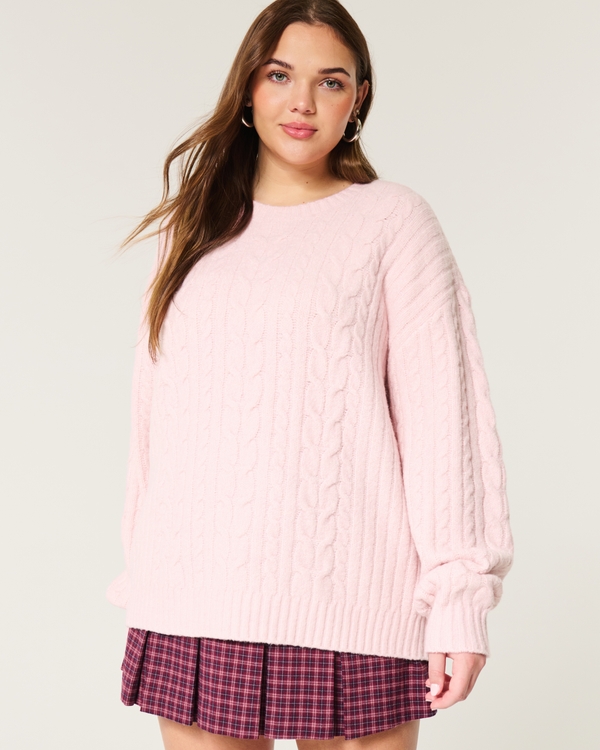 Hollister Comfy Cloud Cable-Knit Crew Sweater, Light Pink