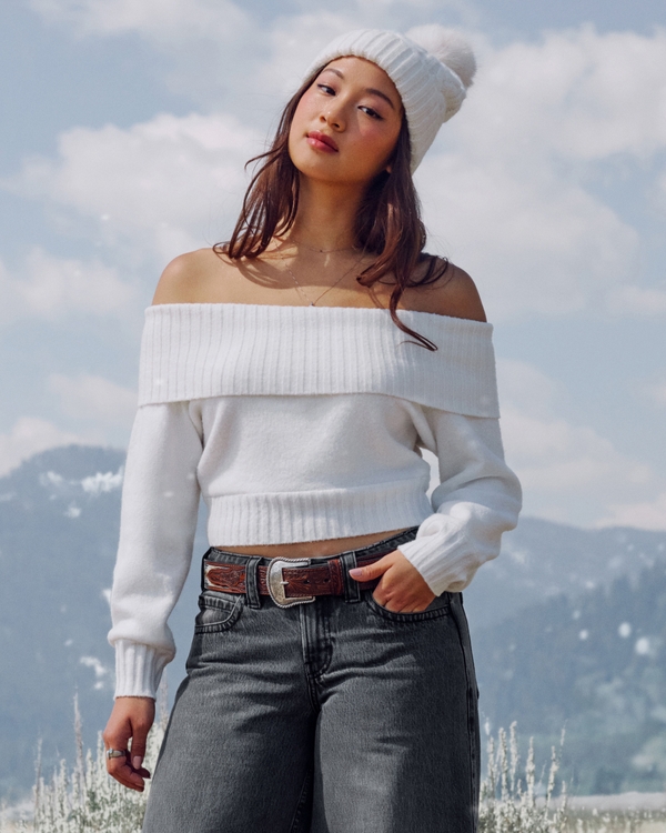 Easy Foldover Off-the-Shoulder Sweater, Cloud White