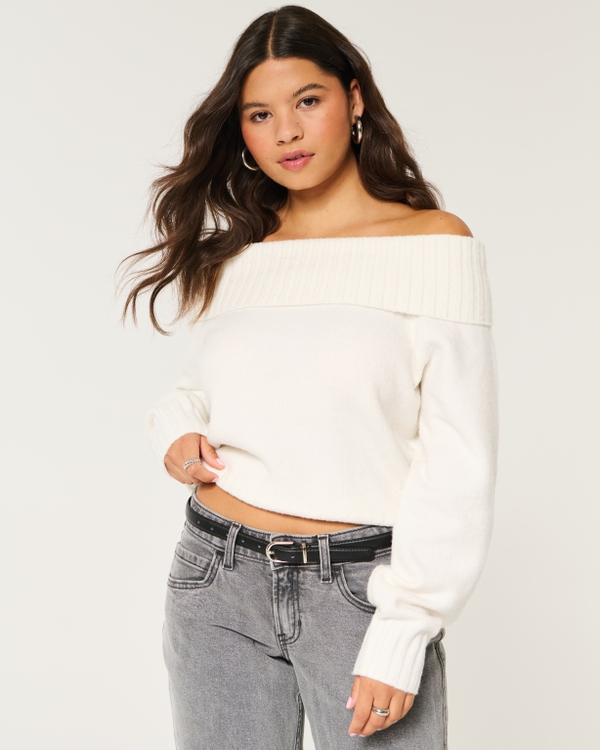 Easy Foldover Off-the-Shoulder Sweater, Cloud White