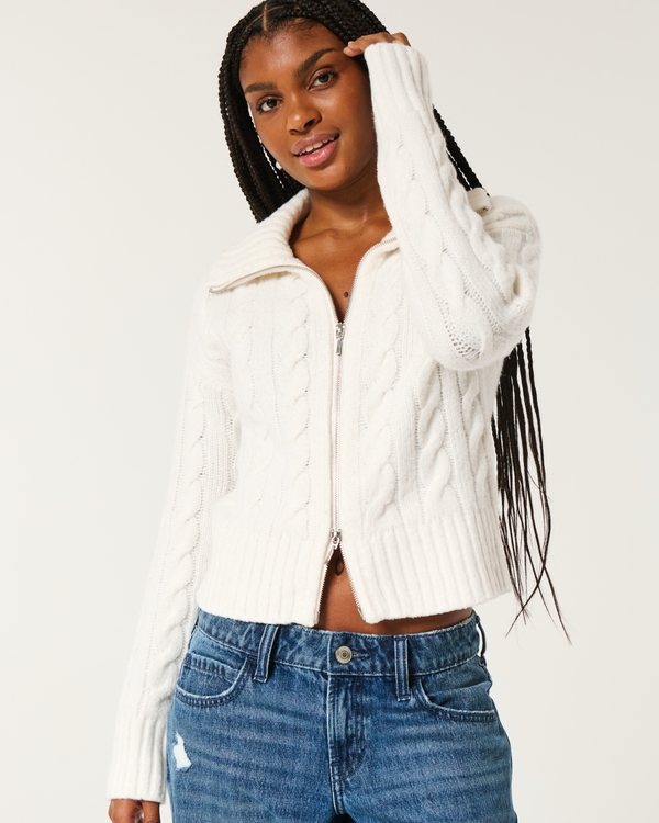 Hollister Comfy Cloud Zip-Up Cable-Knit Sweater, Cloud White