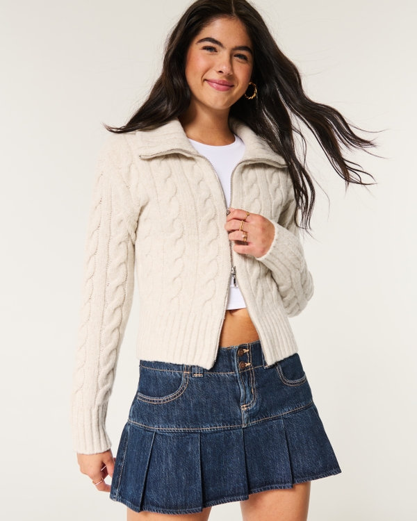 Hollister Comfy Cloud Zip-Up Cable-Knit Sweater, Oatmeal