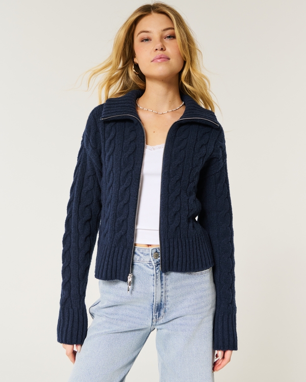 Hollister Comfy Cloud Zip-Up Cable-Knit Sweater, Navy Blue