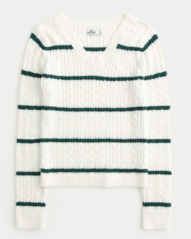 Women s Cable Knit Icon V Neck Sweater Women s Tops HollisterCo