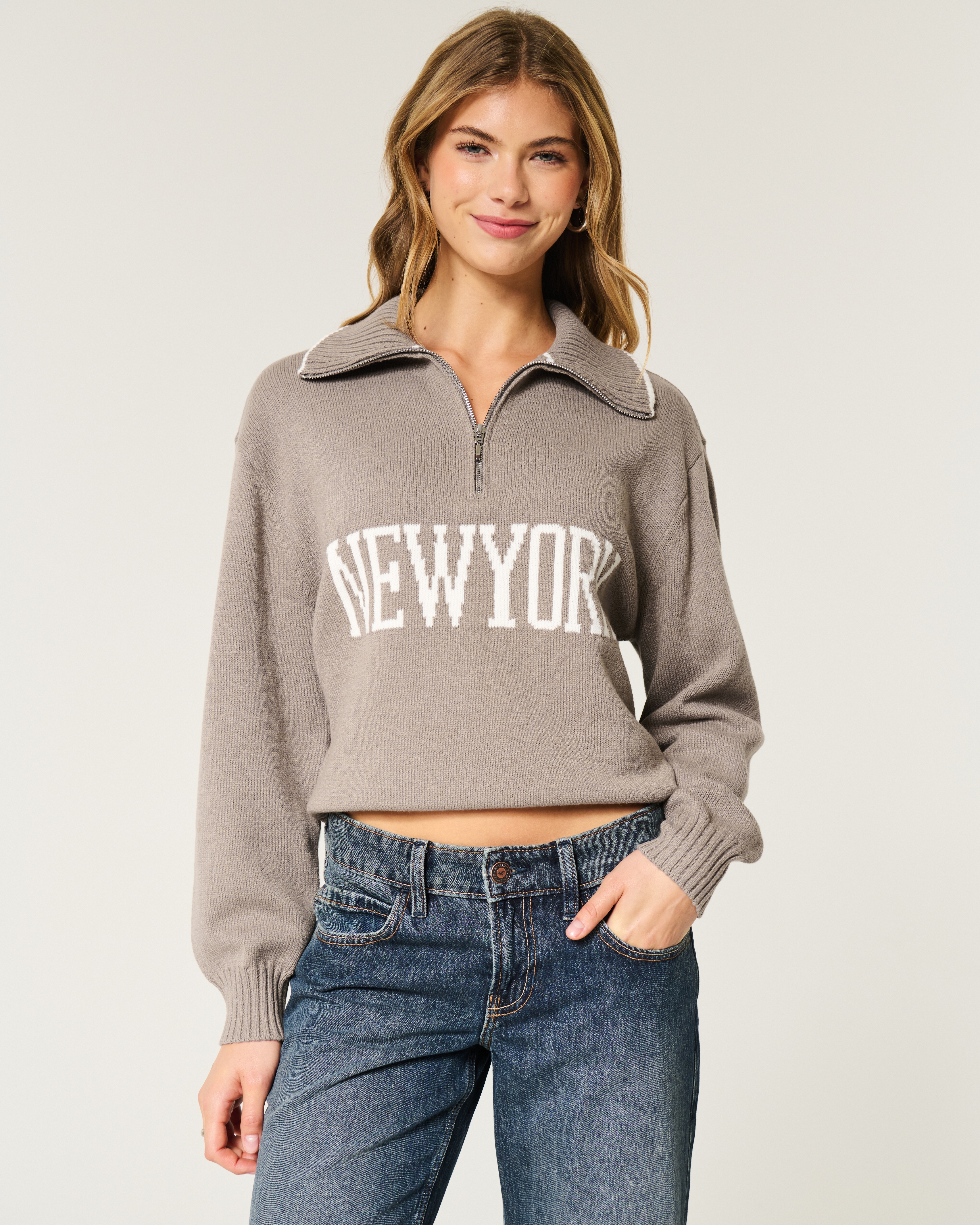 Oversized New York Graphic Half-Zip Sweater