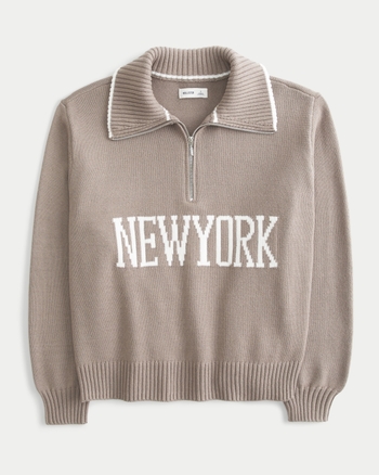 Women's Oversized New York Graphic Half-Zip Sweater