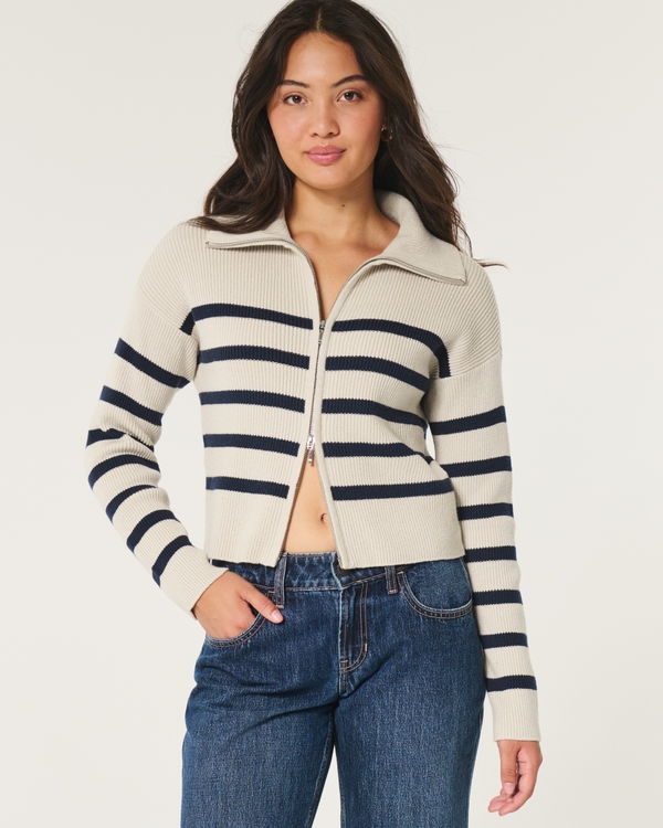 Easy Zip-Up Sweater, Beige Stripe