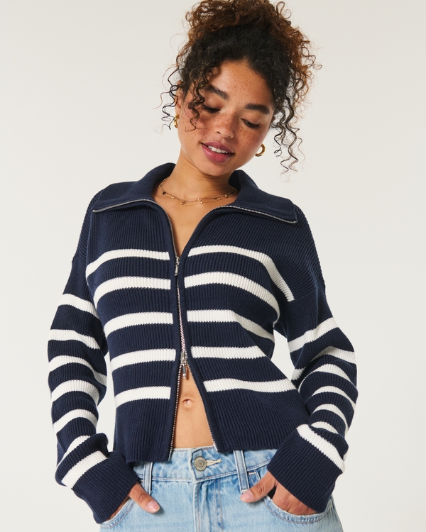 Easy Zip-Up Sweater, Navy Blue Stripe