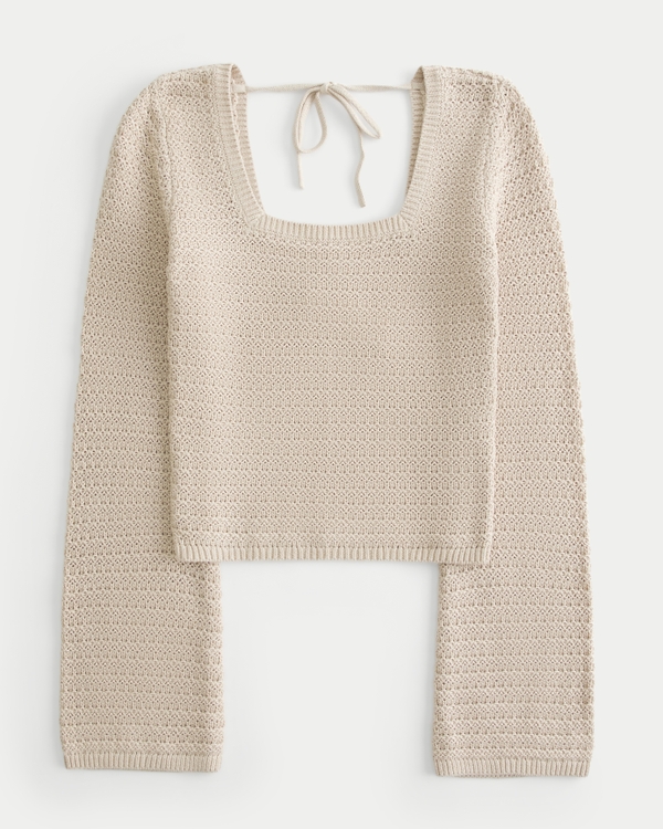 Crochet-Style Square-Neck Sweater, Light Brown