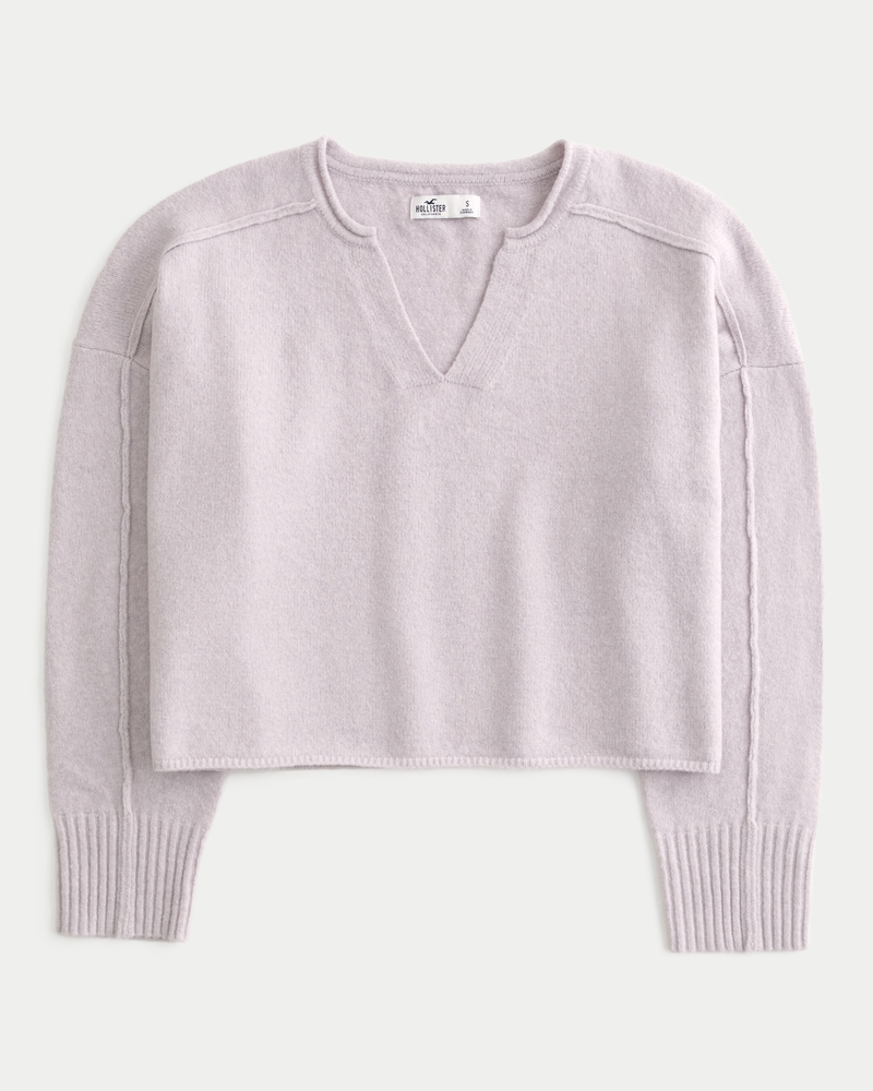 Women s Comfy Cloud Boxy Notch Neck Sweater in Lilac Size XS from Hollister