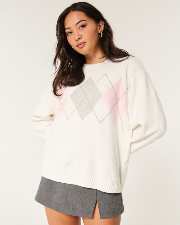 Oversized Argyle Pattern Crew Sweater, White Pattern