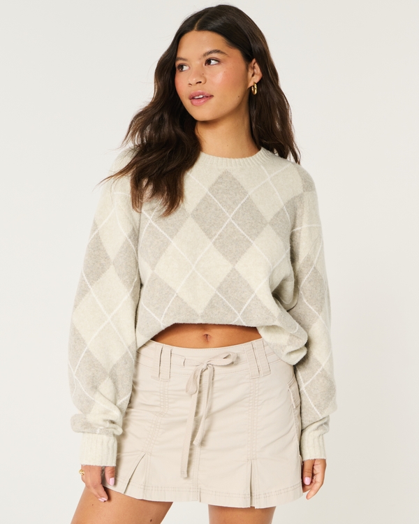 Oversized Argyle Pattern Crew Sweater, Tan Pattern