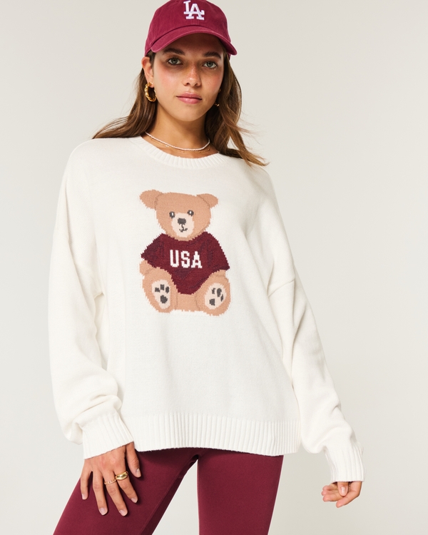 Easy Teddy Bear Graphic Crew Sweater, White