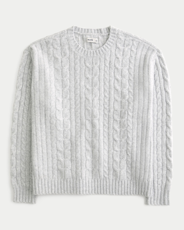 Hollister Comfy Cloud Cable-Knit Crew Sweater, Light Heather Gray view 1