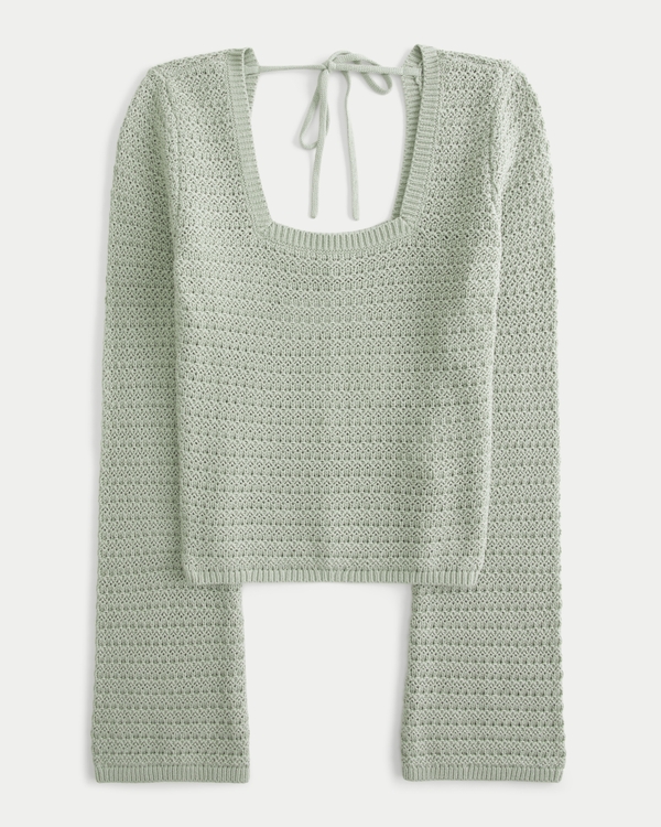 Crochet-Style Square-Neck Top, Sage