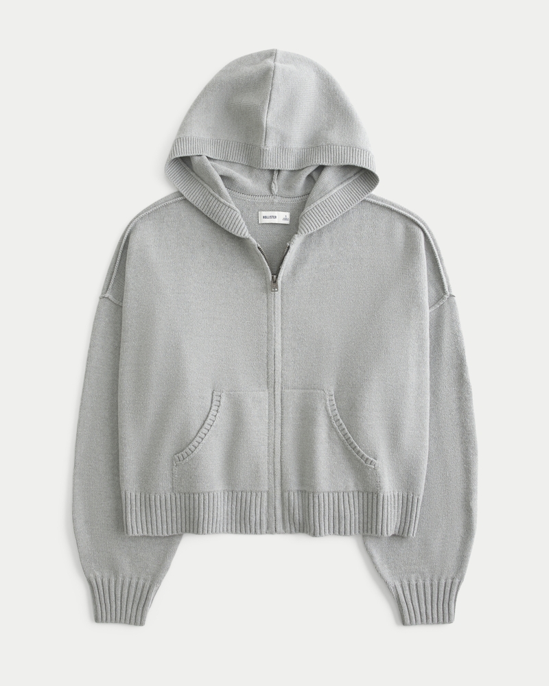 Women s Boxy Zip Up Sweater Hoodie in Grey Size L from Hollister