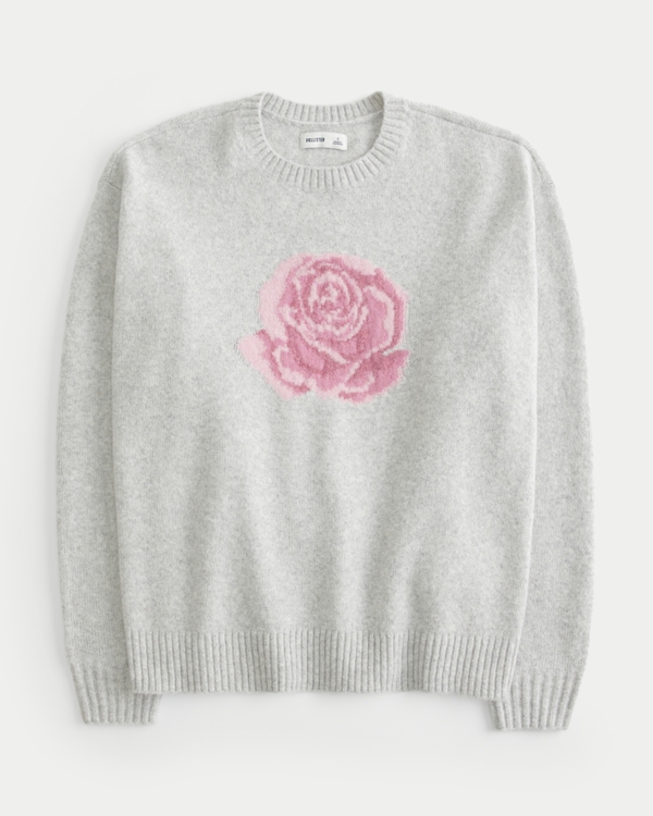 Hollister Comfy Cloud Rose Graphic Sweater, Light Heather Grey view 1