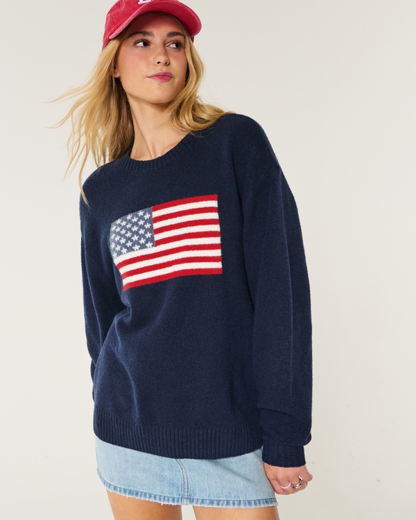 Hollister Comfy Cloud Oversized American Flag Graphic Sweater, Navy Blue