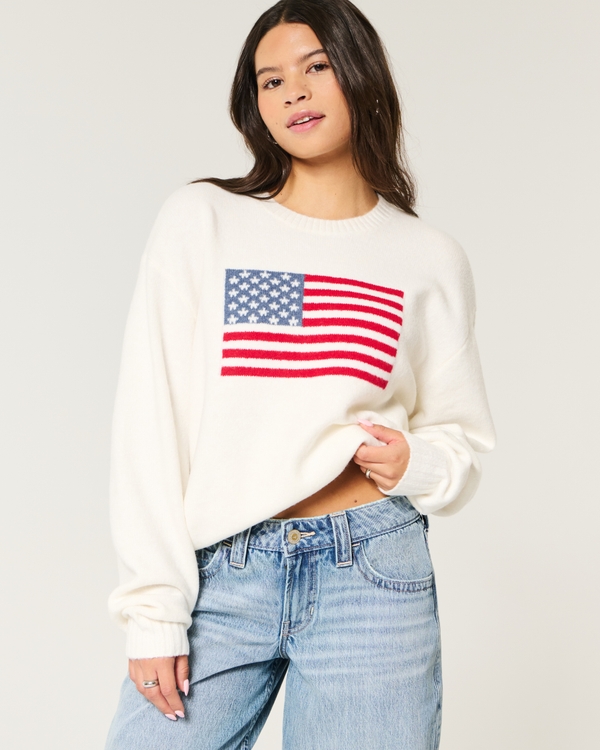 Hollister Comfy Cloud American Flag Graphic Crew Sweater, Cloud White