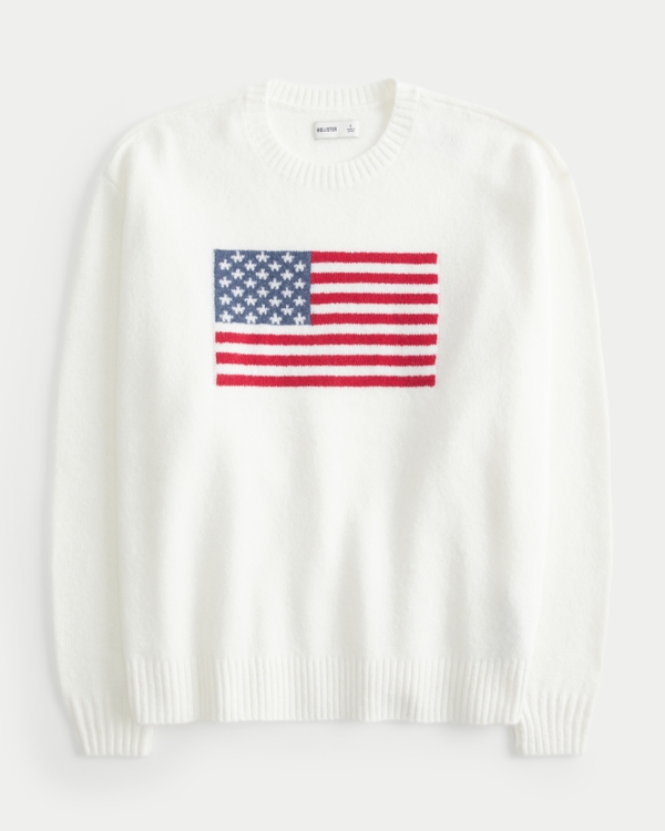 Hollister Comfy Cloud American Flag Graphic Crew Sweater, Cloud White view 1