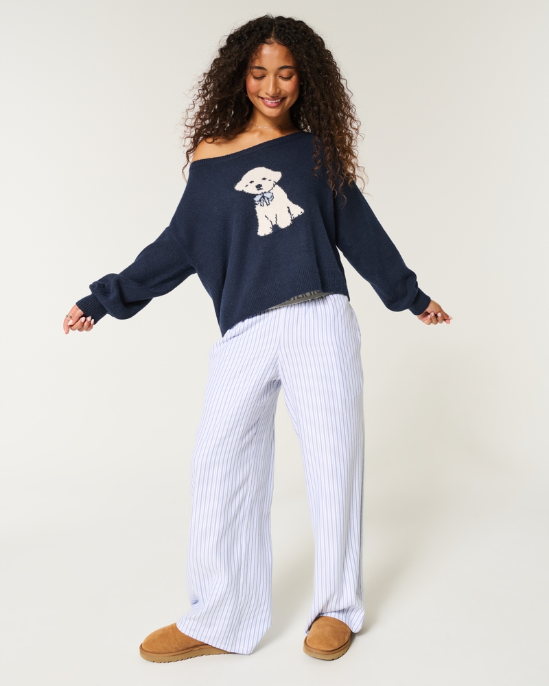 Hollister Comfy Cloud Easy Off-the-Shoulder Puppy Graphic Sweater