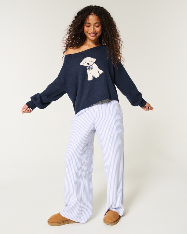 Hollister Comfy Cloud Easy Off-the-Shoulder Puppy Graphic Sweater, Navy Blue view 2