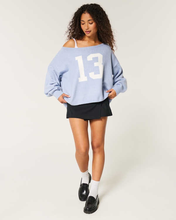 Hollister Comfy Cloud Easy Off-the-Shoulder Number Graphic Sweater, Dusty Blue view 2