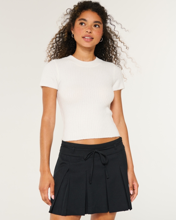 Short-Sleeve Ribbed Crew Sweater, White view 1