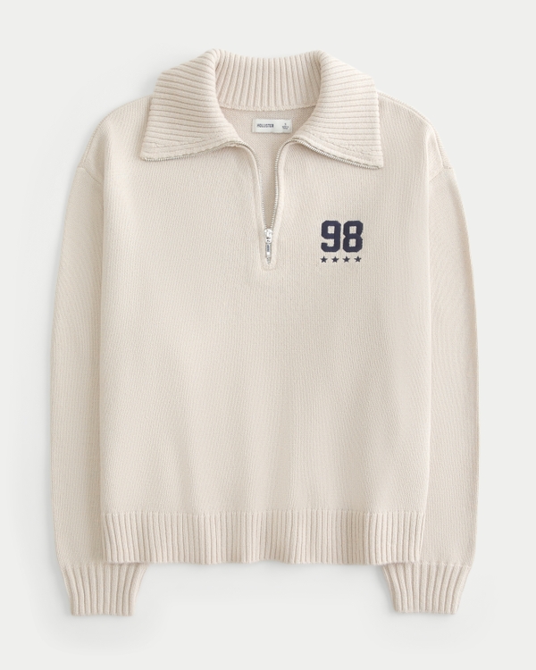 Oversized Half-Zip Graphic Sweater, Oatmeal view 1