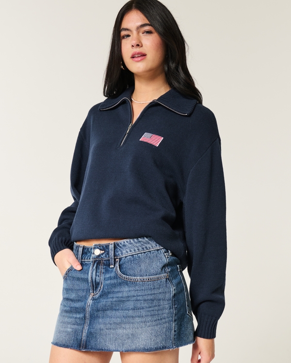 Oversized Half-Zip American Flag Graphic Sweater, Navy Blue view 1