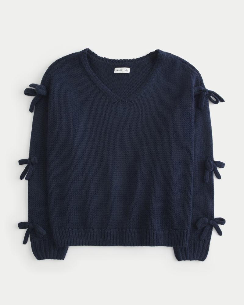 Off-the-Shoulder Bow Applique Sweater