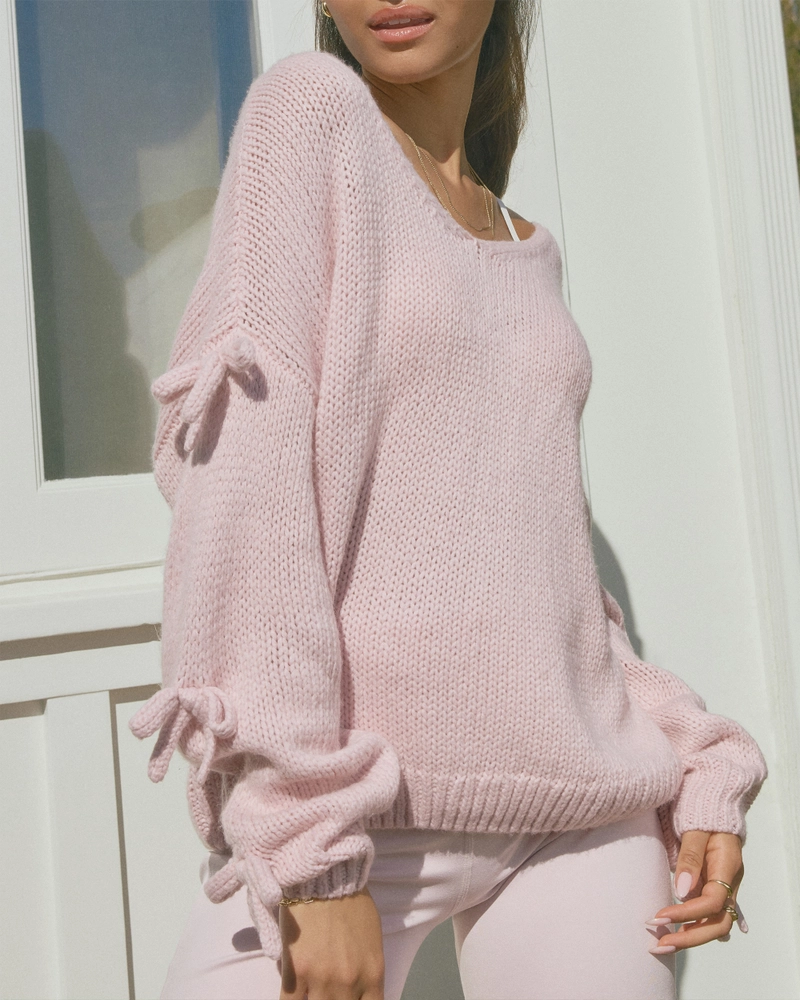 Off-the-Shoulder Bow Applique Sweater