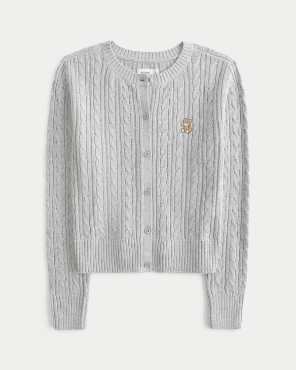 Cardigan ras du cou Teddy Bear en maille torsadée facile à porter, Gris Clair view 1