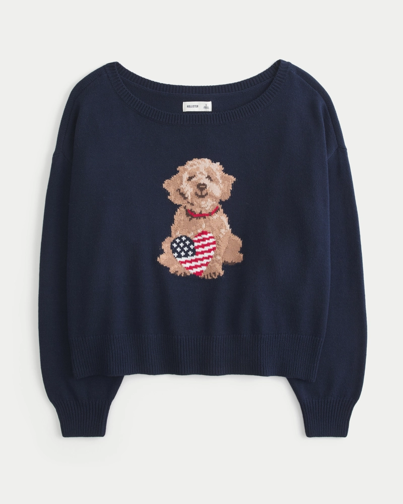 Easy Off-the-Shoulder Dog Graphic Sweater