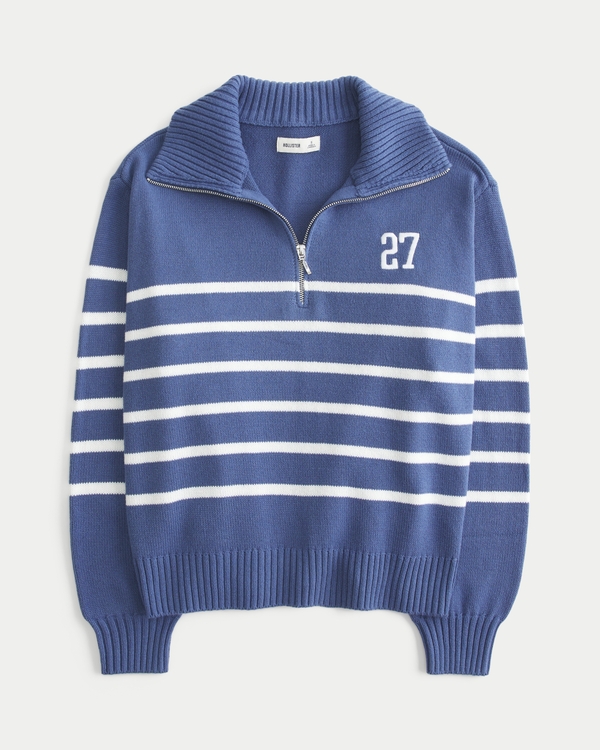 Oversized Number Graphic Half-Zip Sweater, Blue Stripe view 1