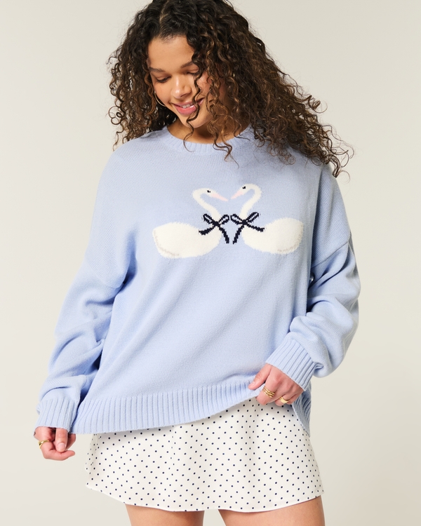 Oversized-Pullover mit Rundhalsausschnitt und Schwan-Grafik, Abendblau view 1