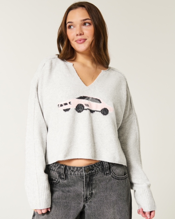 Hollister Comfy Cloud Graphic Notch-Neck Sweater, Light Heather Grey view 1