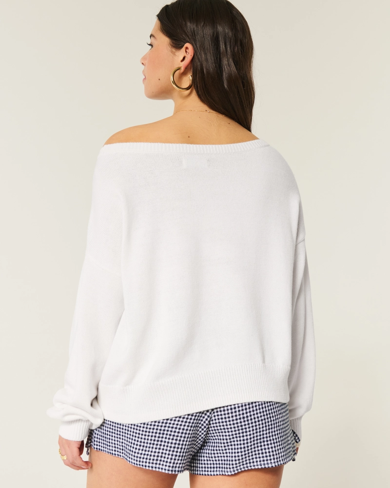 Slouchy Off-the-Shoulder Dachshund Graphic Sweater