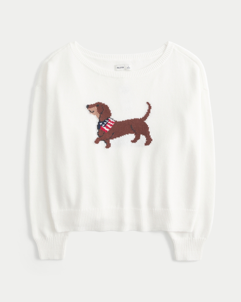 Slouchy Off-the-Shoulder Dachshund Graphic Sweater