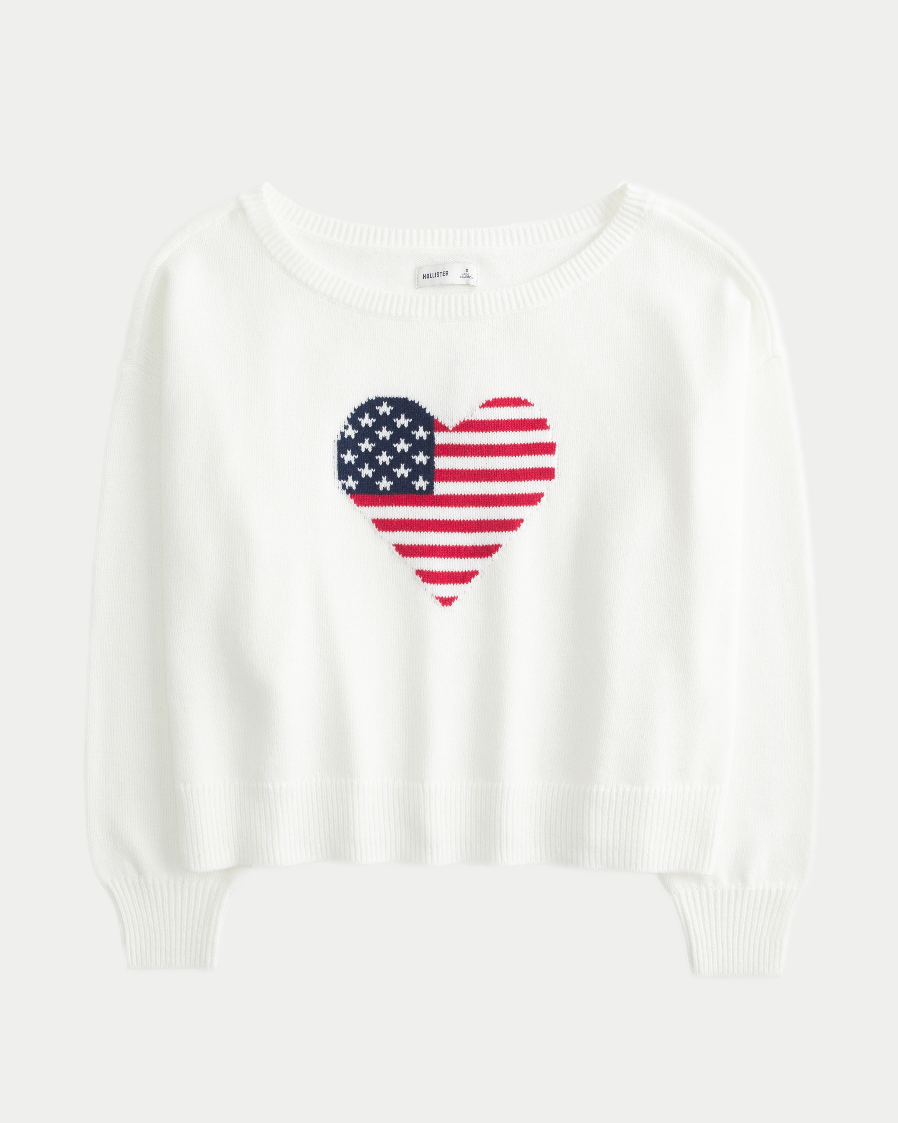 Slouchy Off-the-Shoulder Flag Heart Graphic Sweater