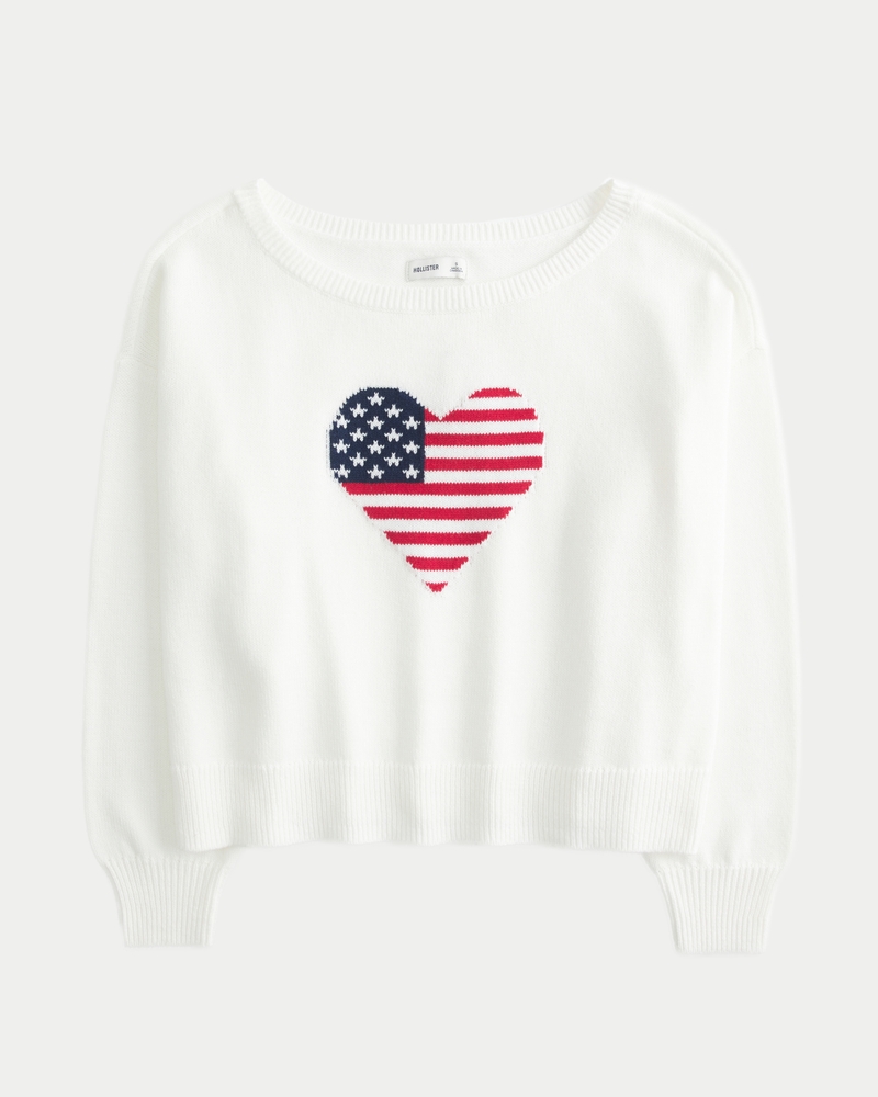 Women's Slouchy Off-the-Shoulder Flag Heart Graphic Sweater