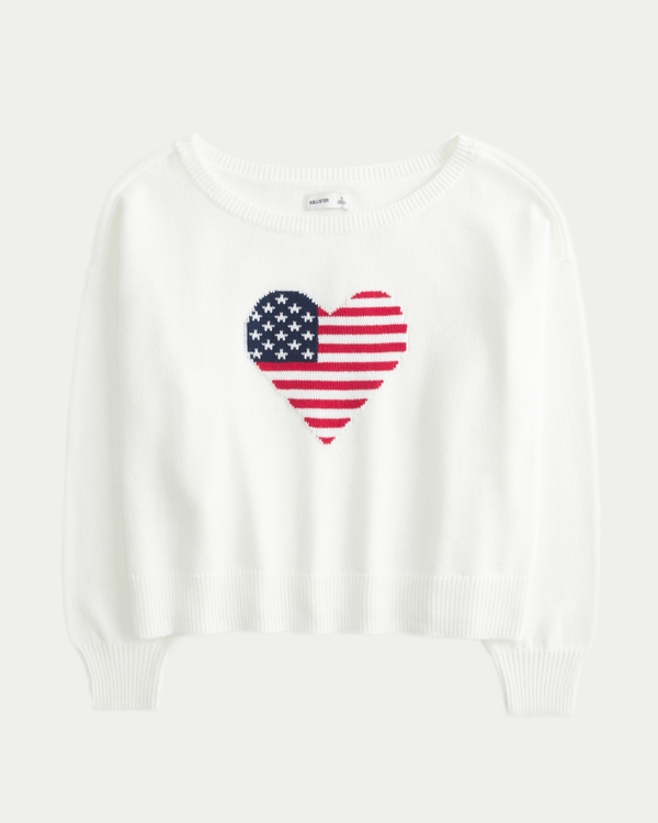 Slouchy Off-the-Shoulder Flag Heart Graphic Sweater
