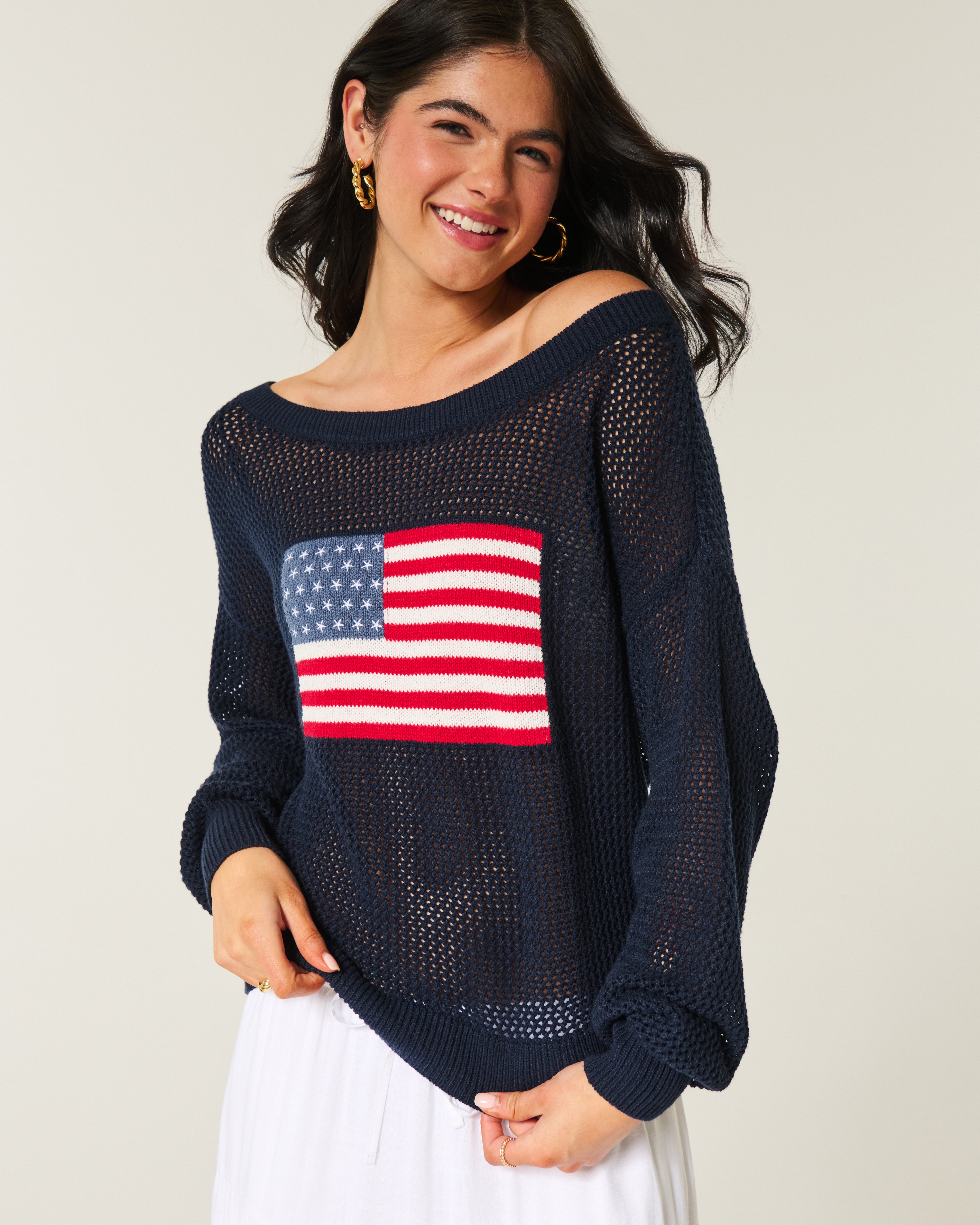 Easy Off-the-Shoulder Stitchy American Flag Graphic Sweater