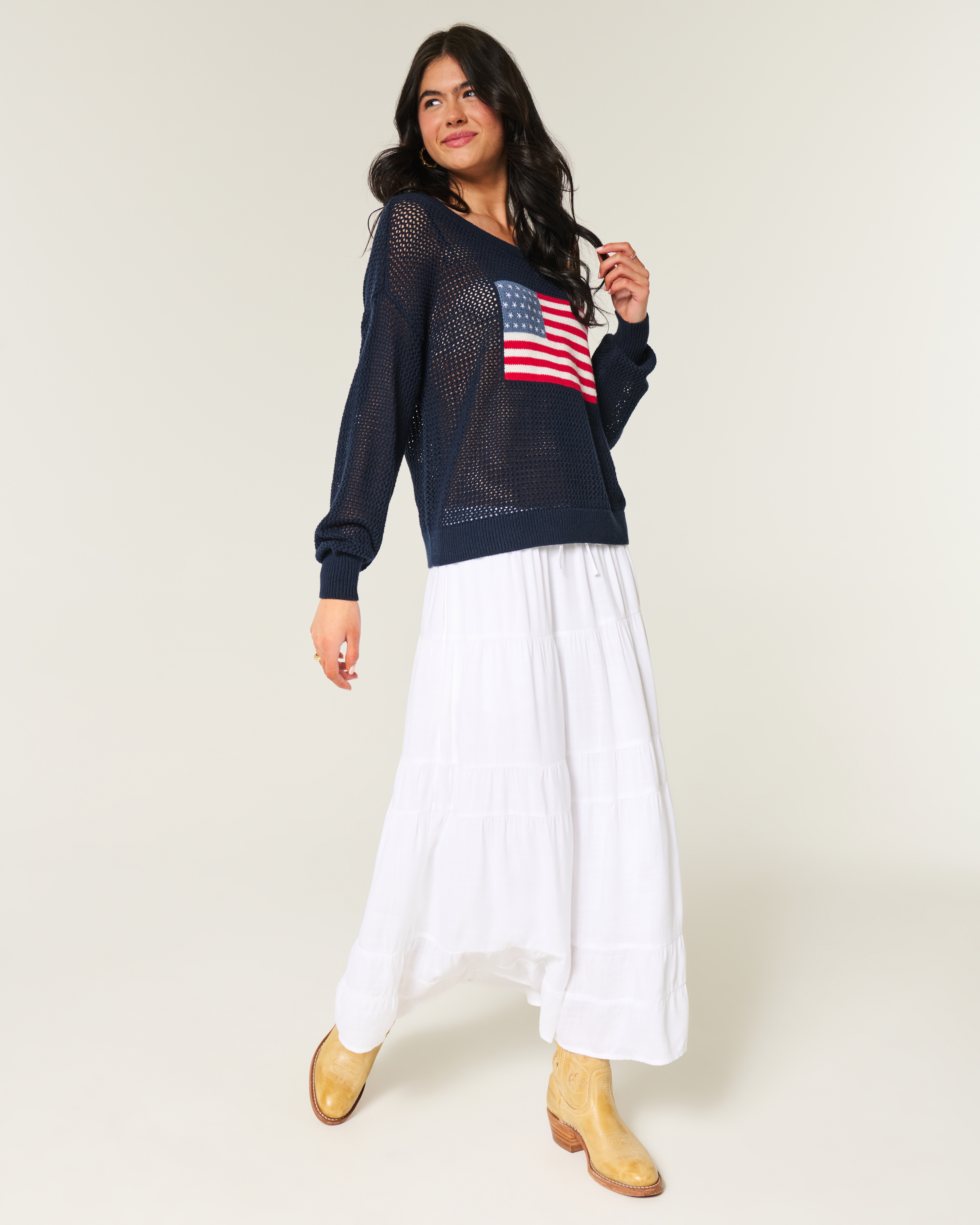 Easy Off-the-Shoulder Stitchy American Flag Graphic Sweater