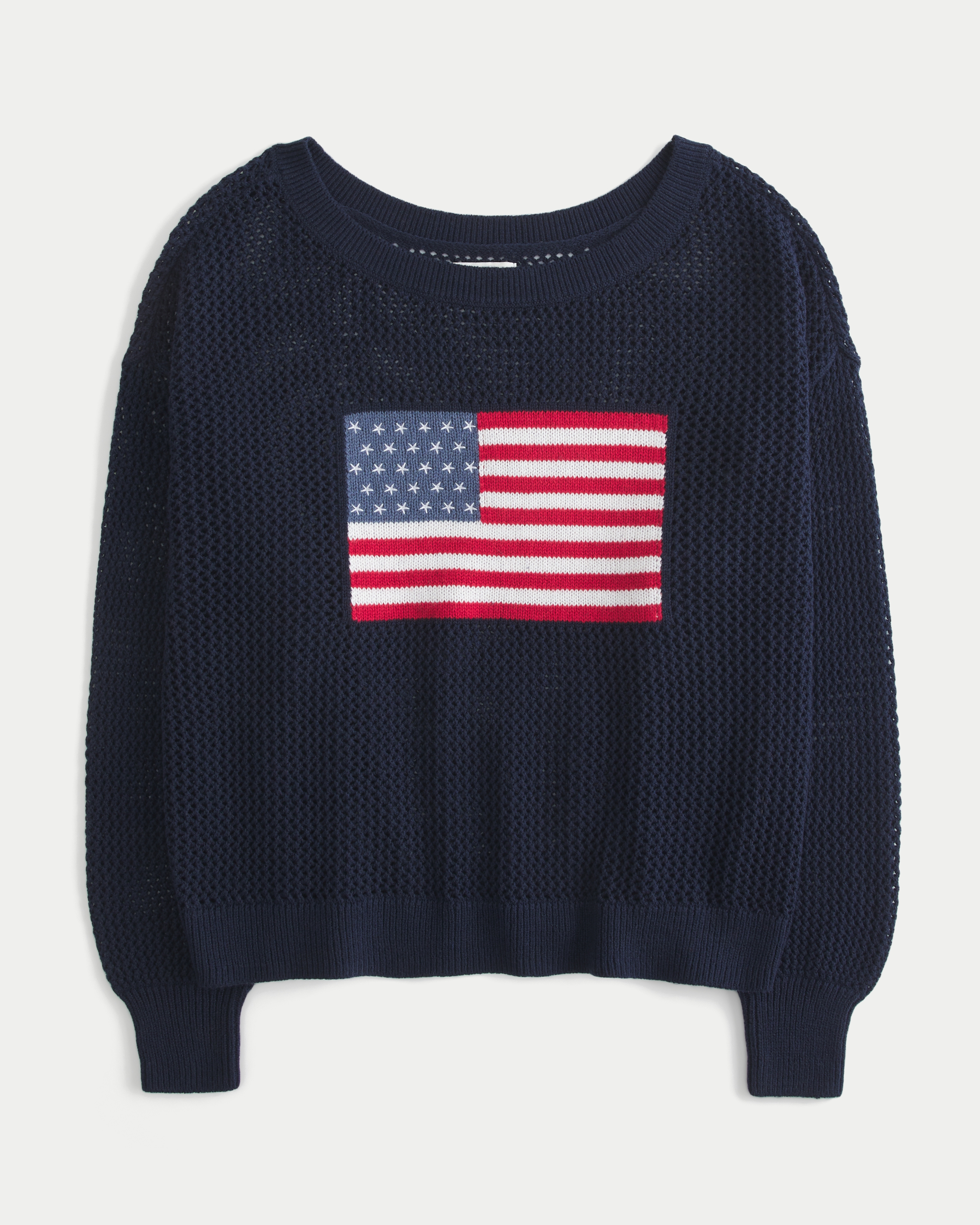 Easy Off-the-Shoulder Stitchy American Flag Graphic Sweater