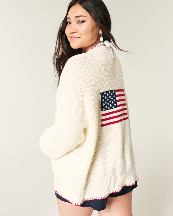 Easy American Flag Graphic No-Close Cardigan, Cloud White view 1